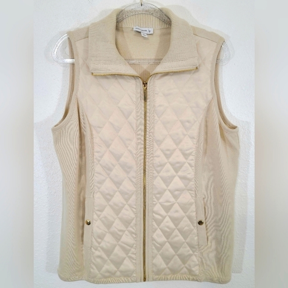 SUSAN GRAVER Cream/Gold Zip-Up Quilted Vest w/Pockets Lightweight Classic, L - Picture 1 of 6